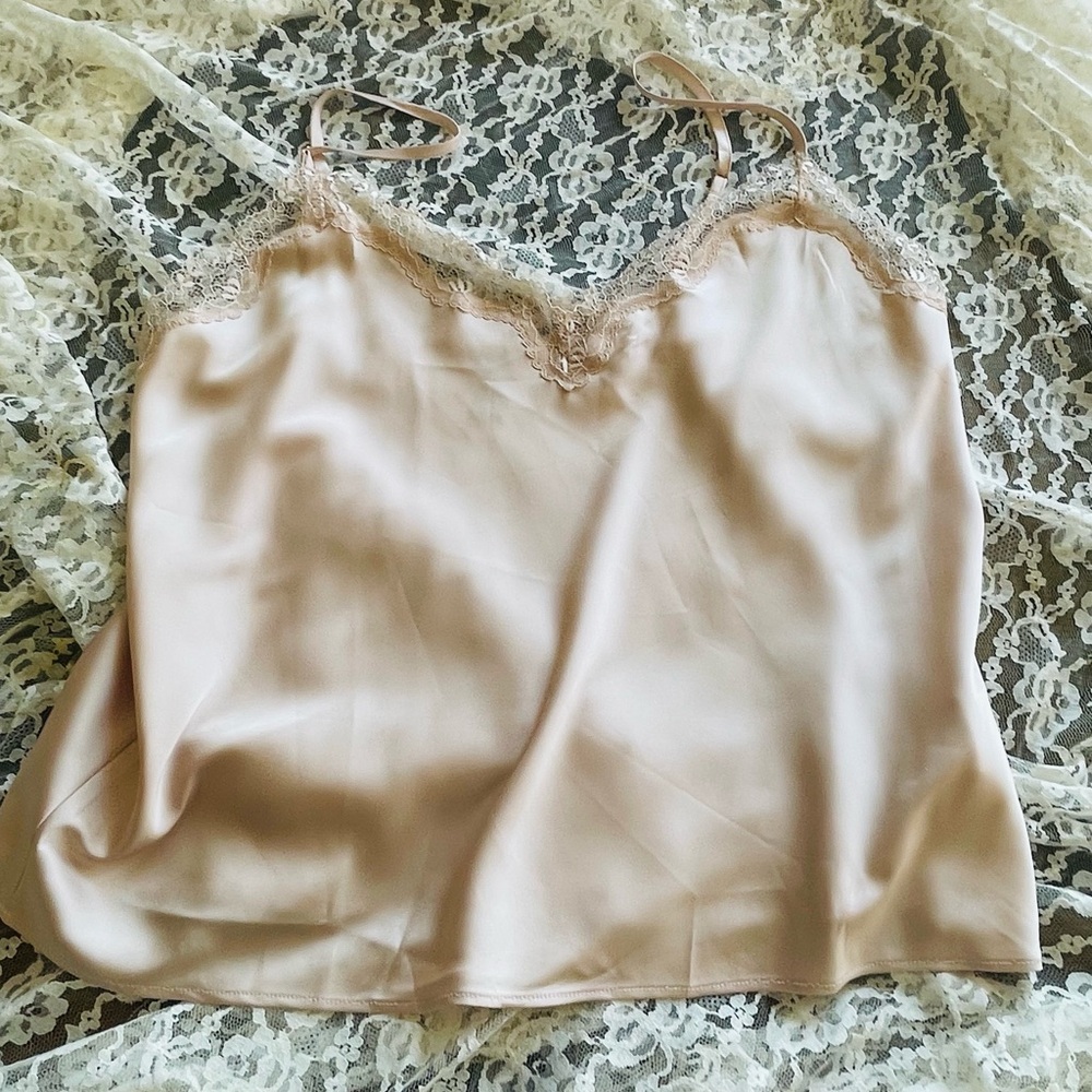 Silky Poly Pale Pink Blush Lace Detail Lingerie Cami Sleepwear Top. Lg